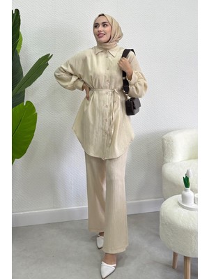 Tesettür Diyarı Kadın Balon Kol Bağcık Detaylı Ikili Takım-Krem