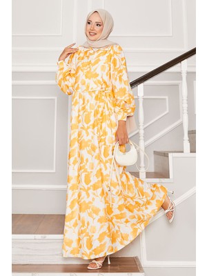 EFL Gömlek Yaka Yandan Bağlamalı Çiçekli Elbise Hardal