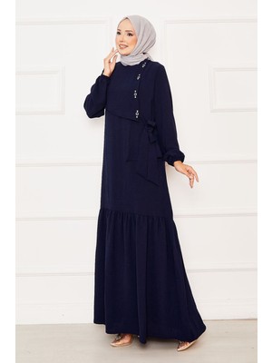 Asm Önü Aller Ve Taş Detaylı Bağlamalı Elbise Lacivert