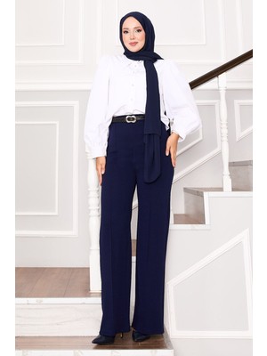 MDS Önü Çımalı Beli Lastikli Palazzo Pantolon  Lacivert