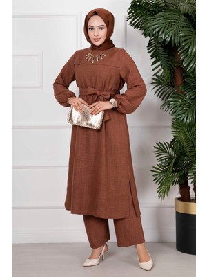 Md Yanları Yırtmaçlı İkili Tesettür Takım Kahve