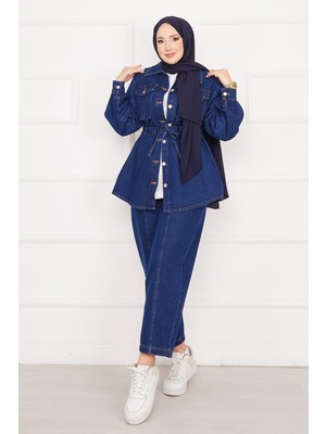 Md Cep Detaylı Belden Bağcıklı Tesettür Kot Takım Koyu Mavi
