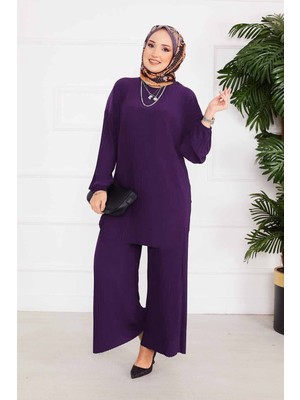 Nz Piliseli Rahat Kalıp Tesettür İkili Takım Açık Mor