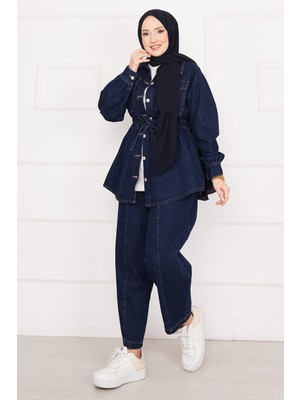 Md Cep Detaylı Belden Bağcıklı Tesettür Kot Takım Lacivert