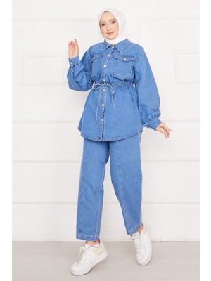 Md Cep Detaylı Belden Bağcıklı Tesettür Kot Takım Mavi