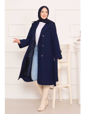 Md Arkası Düğme Detaylı Seyyar Kuşaklı Tesettür Trençkot Lacivert