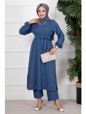Md Yanları Yırtmaçlı İkili Tesettür Takım İndigo