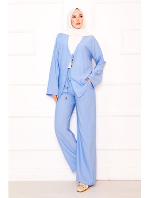 ZNK Önden Bağcık Detaylı Pantolonlu İkili Takım Bebe Mavisi