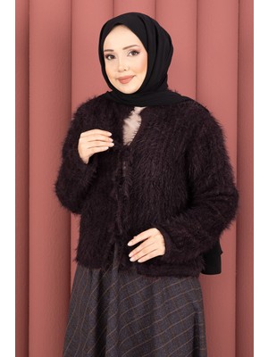 Mo Vera Önden Bağlamalı Peluş Hırka Mürdüm