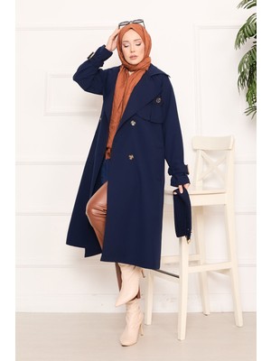 Md Aller Detaylı Seyyar Kuşaklı Tesettür Trençkot Lacivert