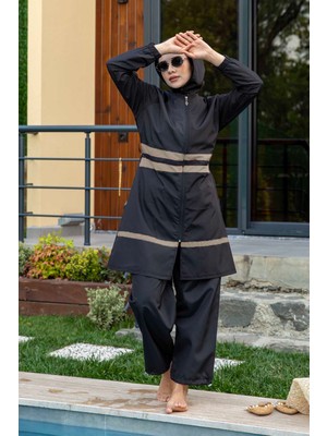 Md Şerit Detaylı Paraşüt Kumaş Tesettür Mayo Siyah