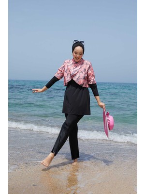 Md Üstü Allerli Desenli Tesettür Mayo Nar Çiçeği