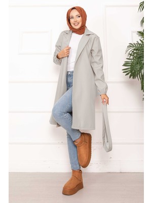 Md Kruvaze Yaka Kuşaklı Relax Trençkot Taş