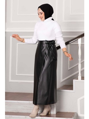 Md Yandan Bağlamalı Deri Etek Siyah