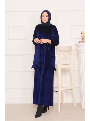 Ozk Cep Detaylı Kadife İkili Takım Lacivert