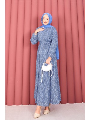 Md Dantel Dokulu Seyyar Kuşaklı Tesettür Elbise İndigo
