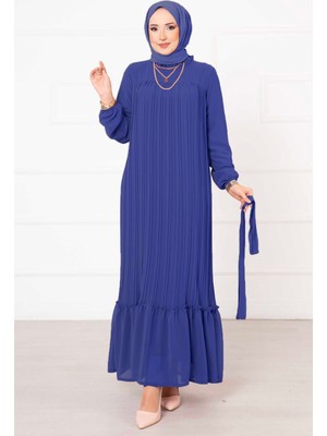 Pol Kuşaklı Piliseli Şifon Tesettür  Elbise Mavi