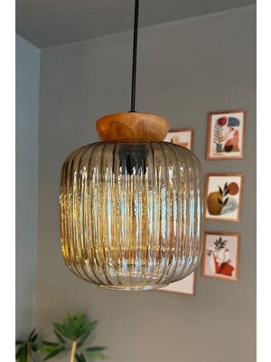 Normadia Retro Ahşap Sarkıt Avize, Bal Rengi Cam Başlık, Restoran ve Salon Aydınlatması
