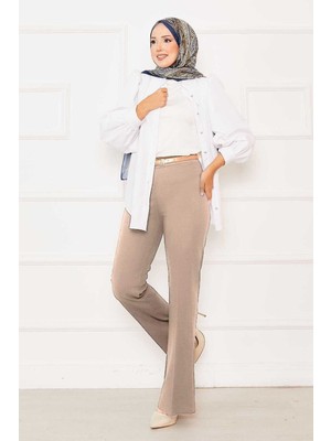 Kç Beli Lastikli İspanyol Paça Pantolon Bej