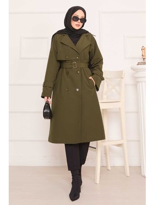 Md Arkası Düğme Detaylı Seyyar Kuşaklı Tesettür Trençkot Haki