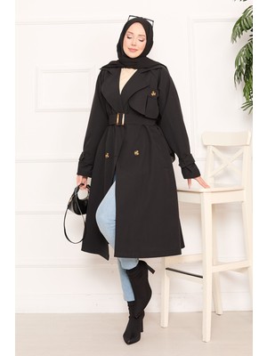 Md Aller Detaylı Seyyar Kuşaklı Tesettür Trençkot Siyah