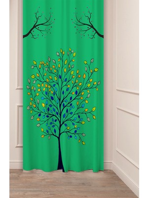 Greendecor Çiçekler Yaprak Çizgili Bohem Desenli Özel Tasarım Dijital Baskılı (Tek Kanat) Modern Şık Fon Perde