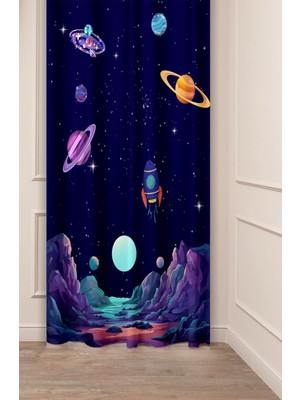 Greendecor Uzay Astronot Geni Roket Ay Özel Tasarım Desenli Dijital Baskılı (Tek Kanat) Çocuk Oda Şık Fon Perde