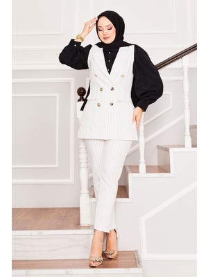 HP Mendil Yaka Çizgili Yelek Pantolon Ikili Takım Ekru