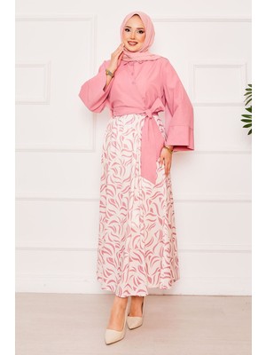 Asm Gömleği Kendinden Kuşaklı Geniş Kol Etekli Takım Pudra