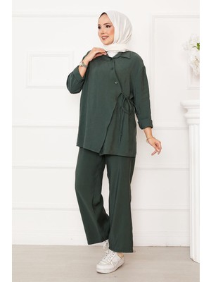 Md Yandan Bağlamalı Düğme Detaylı Tesettür Takım Çağla Yeşili