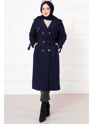 OC Rahat Kalıp Kruvaze Düğme Detaylı Kolları Ayarlanan Trençkot Lacivert