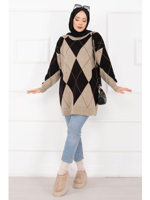 RAF Baklava Desen Triko Kazak Vizon