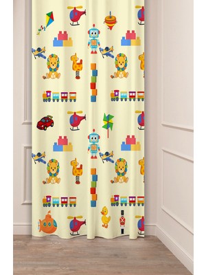 Greendecor Araba Tren Oyuncak Yol Özel Tasarım Desenli Dijital Baskılı (Tek Kanat) Çocuk Odası Modern Fon Perde