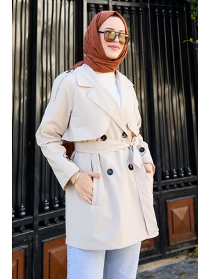 Md Seyyar Kuşaklı Düğmeli Kısa Trençkot Taş