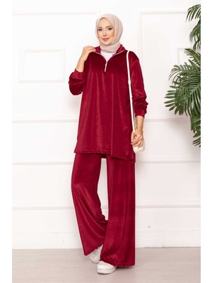 Ozk Fermuar Detaylı Kadife İkili Takım Şarabi