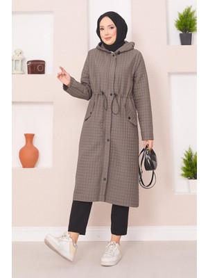 Md Kapüşonlu Kapitone Tesettür Trenç Koyu Vizon