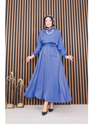 Md Beli Büzgülü Yarasa Kol Tesettür Elbise İndigo