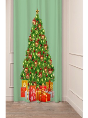 Greendecor Yılbaşı Çam Ağacı Noel Ağacı Kar Yeni Yıl Christmas Desenli Özel Tasarımlı Dijital Baskılı Fon Perde