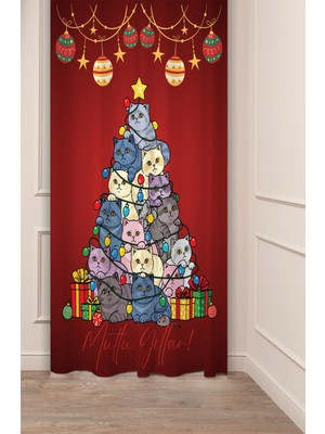 Greendecor Yılbaşı Çam Ağacı Noel Ağacı Kar Yeni Yıl Christmas Desenli Özel Tasarımlı Dijital Baskılı Fon Perde