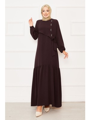 Asm Önü Aller Ve Taş Detaylı Bağlamalı Elbise Kahve