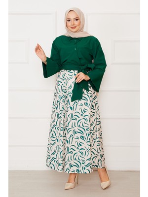 Asm Gömleği Kendinden Kuşaklı Geniş Kol Etekli Takım Zümrüt