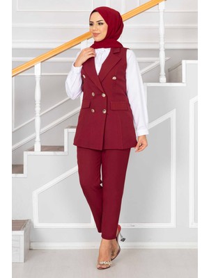 HP Mendil Yaka Detaylı Tesettür Yelek Takım Bordo