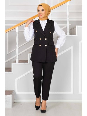 HP Mendil Yaka Detaylı Tesettür Yelek Takım Siyah