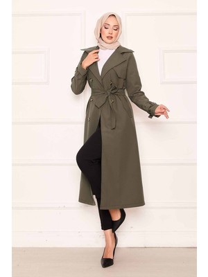 OC Rahat Kalıp Kruvaze Düğme Detaylı Kolları Ayarlanan Trençkot Haki