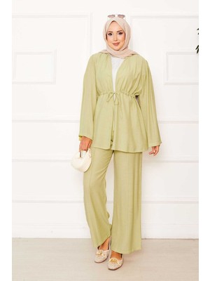 Md Beli Tünel Kuşaklı Kimono İkili Takım Yağ Yeşil