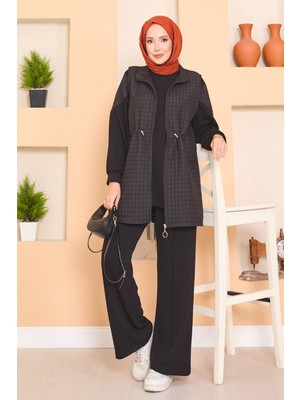 Md Beli Ayarlanabilir Kapitone Yelekli Üçlü Tesettür Takım Siyah