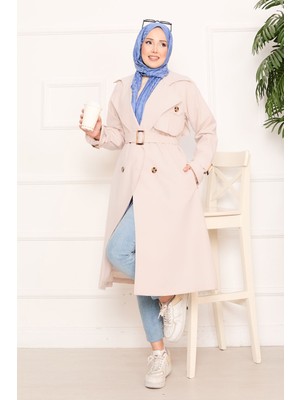 Md Aller Detaylı Seyyar Kuşaklı Tesettür Trençkot Taş