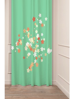 Greendecor Çiçekler Yaprak Çizgili Bohem Desenli Özel Tasarım Dijital Baskılı (Tek Kanat) Modern Şık Fon Perde
