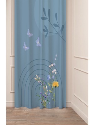 Greendecor Özel Tasarım Bohem Çiçek Yaprak Kelebek Desenli Dijital Baskılı (Tek Kanat) Modern Şık Fon Perde
