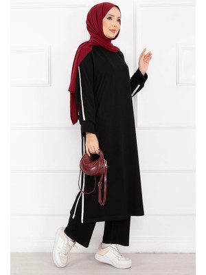 Azr Sportif Biye Detaylı Uzun Tesettür Takım Siyah